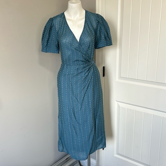 Anthropologie The Korner Wrap Prarie Midi Dress Blue Polka Dot Sz XS NEW - Picture 1 of 11